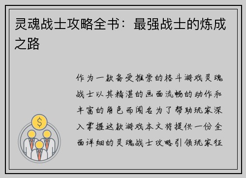 灵魂战士攻略全书：最强战士的炼成之路